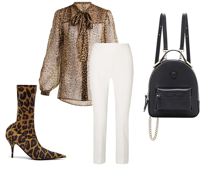 Блузка Saint Laurent, брюки Max Mara, рюкзак Versace, ботильоны Balenciaga фото № 8