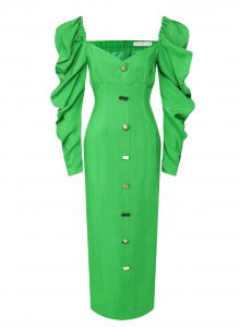 Зеленое платье с фигурным глубоким декольте и пышными рукавами фото № 3