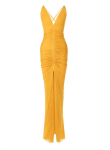 Шелковое платье с глубоким вырезом и разрезом по ноге желтого цвета фото № 3