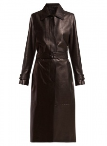 Черное однобортное кожаное пальто с поясом фото № 12