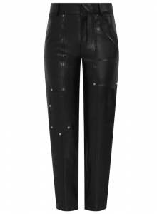Черные кожаные брюки с фигурными накладными карманами и серебристыми заклепками фото № 11