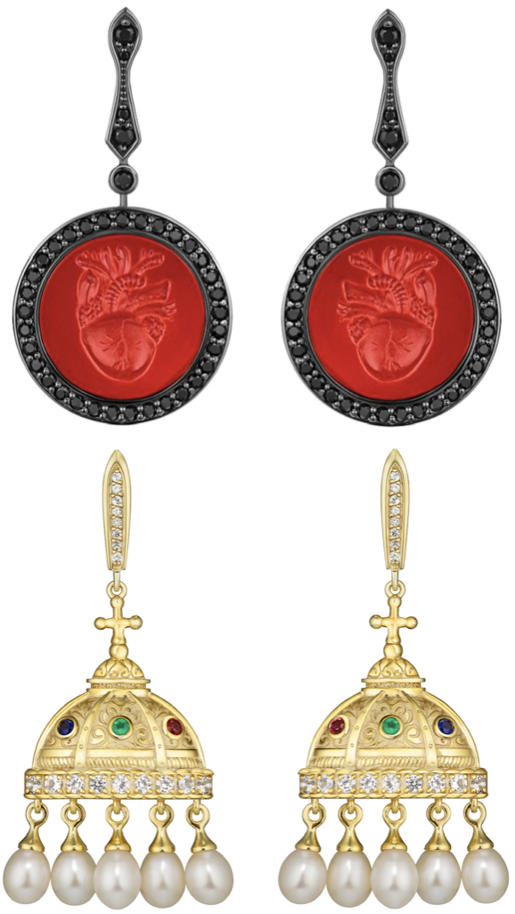 Серьги «Ромео и Джульетта», стерлинговое серебро, камеи, шпинель; Серьги «Шапка Мономаха», позолоченное стерлинговое серебро, жемчуг, гранаты, цавориты, сапфиры фото № 2