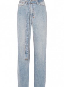 Светло-голубые прямые джинсы с поясом фото № 8
