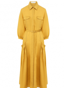 Желтое льняное платье миди фото № 2