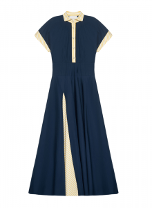 Синее платье миди с контрастными вставками на воротнике и рукавах фото № 14