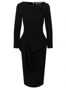 Черное шерстяное платье с широкой баской и асимметричной горловиной фото № 11
