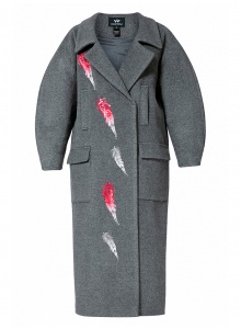 Серое пальто из кашемира с вышивкой и объемными рукавами фото № 4
