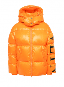 Оранжевая пуховая куртка с капюшоном фото № 7