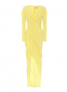 Желтое шелковое платье с рукавами, глубоким вырезом и сборкой на талии фото № 4