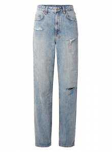 Прямые джинсы с разрезами и потертостями фото № 8