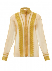 Полупрозрачная блуза из смеси шелка и органзы с высоким воротом фото № 15