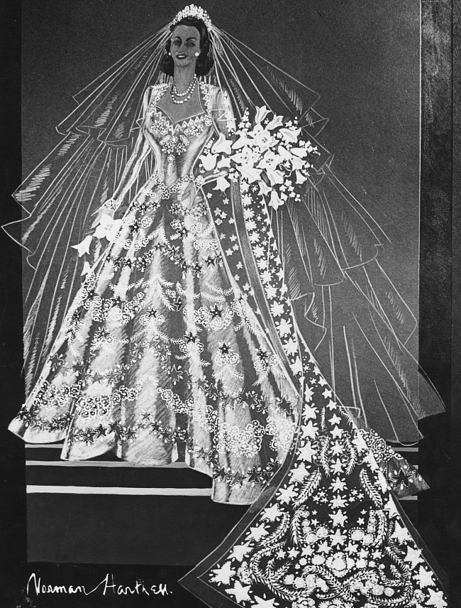 Эскиз свадебного платья принцессы Елизаветы от Нормана Хартнелла, 1974 год. фото № 4