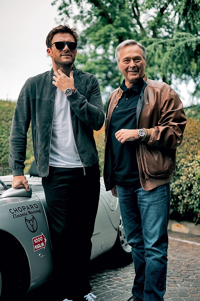 Звездный участник прошлогоднего заезда актер Cкотт Иствуд и сoпрезидент Chopard Карл-Фридрих Шойфеле в часах Chopard Mille Miglia 2019 Race Edition фото № 1