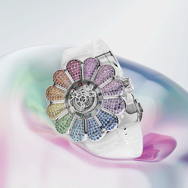 Часы MP-15 Takashi Murakami Tourbillon Sapphire Rainbow, титан, сапфиры, рубины, аметисты, топазы, цавориты, Hublot фото № 6