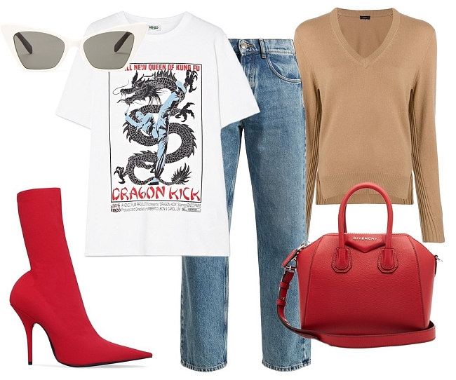 Футболка Kenzo, джинсы Maison Margiela, джемпер Joseph, сумка Givenchy, ботильоны Balenciaga, очки Saint Laurent фото № 4