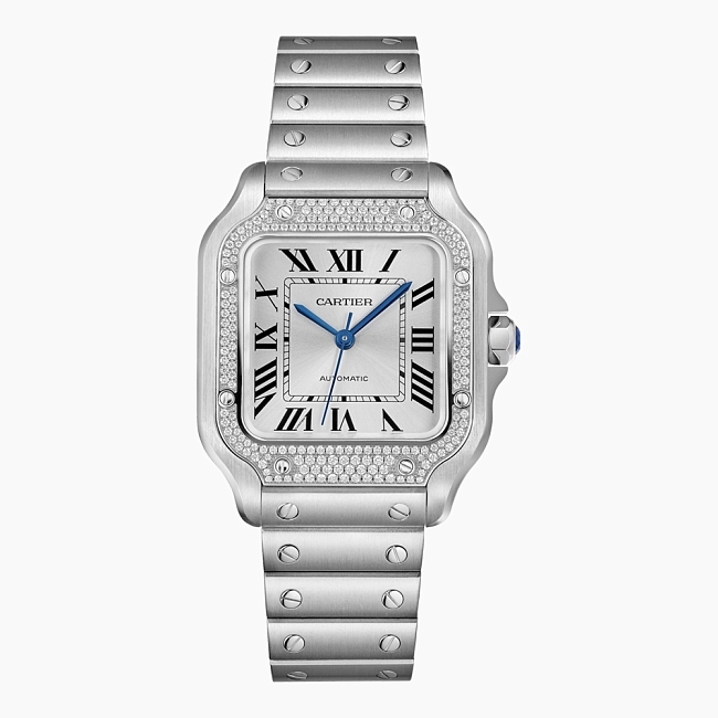 Часы Cartier Santos среднего размера из стали и с бриллиантовым паве фото № 5