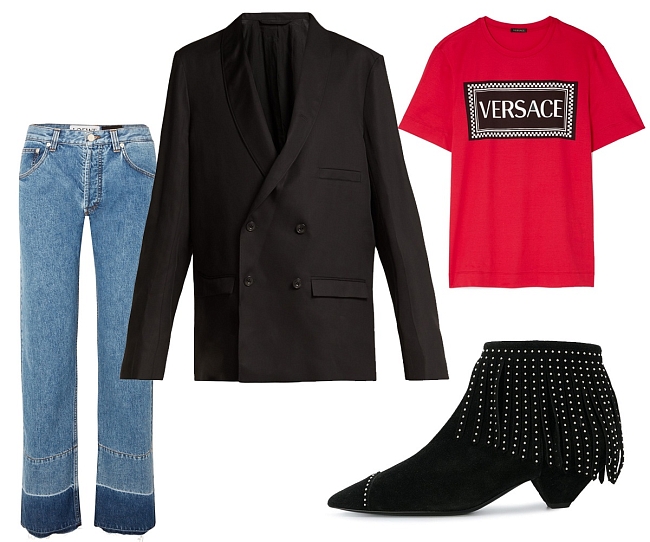 Жакет Lemaire, джинсы Loewe, футболка Versace, ботильоны Saint Laurent фото № 4