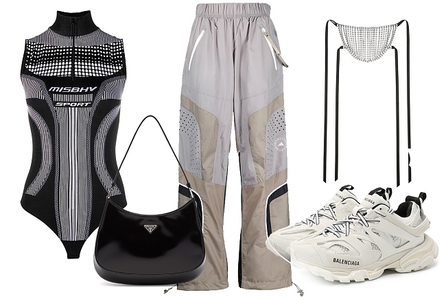 Боди MISBHV, сумка Prada, брюки adidas by Stella McCartney, маска Area, кроссовки Balenciaga фото № 9