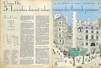 Отрывок из статьи, опубликованной в журнале ELLE 27 августа 1951. Вид в разрезе на комплекс зданий, расположенный на углу Avenue Montaigne и Rue François Ier, показывает организацию Дома моды фото № 12