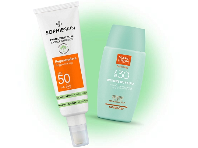 Регенерирующий солнцезащитный крем Regenerating SPF50, SOPHIESKIN; Солнцезащитный флюид для лица Bronze [D] SPF30, MartiDerm фото № 4