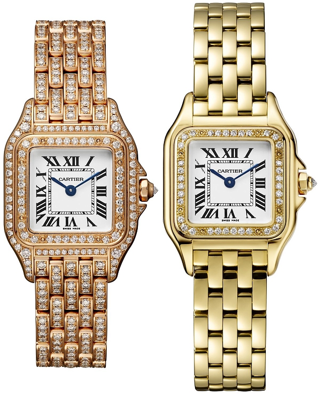 Часы Panthère de Cartier. Модель в розовом золоте с полным бриллиантовым паве и модель в желтом золоте с бриллиантовым паве на безеле фото № 6