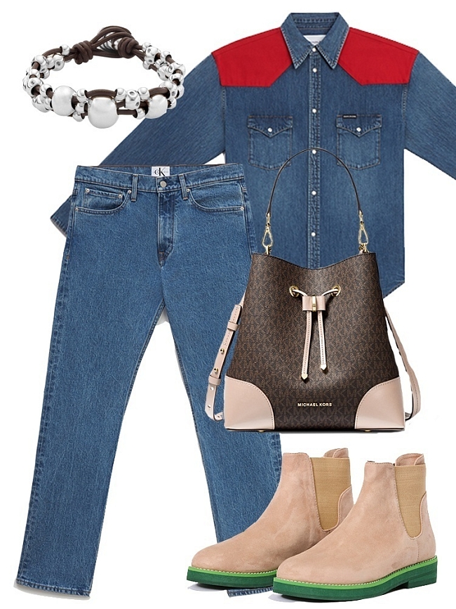 Джинсы и рубашка Calvin Klein Jeans, ботинки Kitro, сумка Michael Kors, браслет UNOde50 фото № 1
