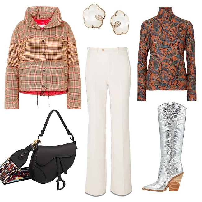 Куртка Moncler, сумка Dior, серьги Pasquale Bruni, брюки Joseph, водолазка Chloe, сапоги Fendi фото № 1